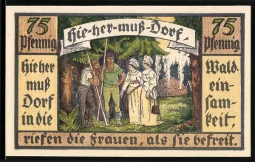 Notgeld Hermsdorf /S.-A. 1921, 75 Pfennig, Dorfleben und Waldszene
