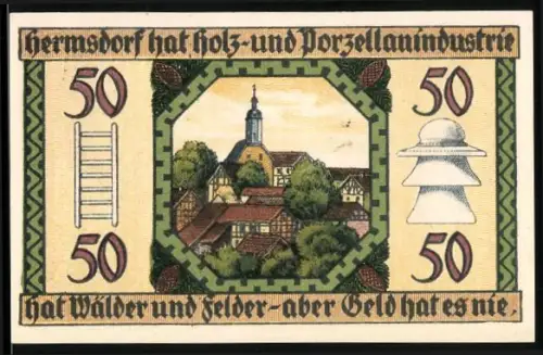 Notgeld Hermsdorf /S.-A. 1921, 50 Pfennig, Dorflandschaft und Porzellanindustrie
