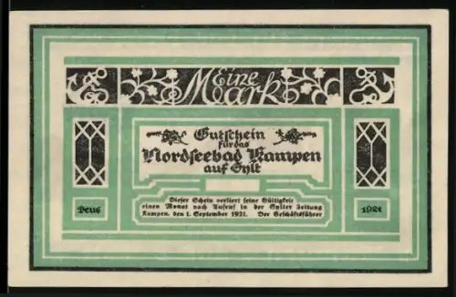 Notgeld Kampen auf Sylt 1921, 1 Mark, Dorfplatz mit Reetdachhäusern und stilisiertem Rahmenmuster