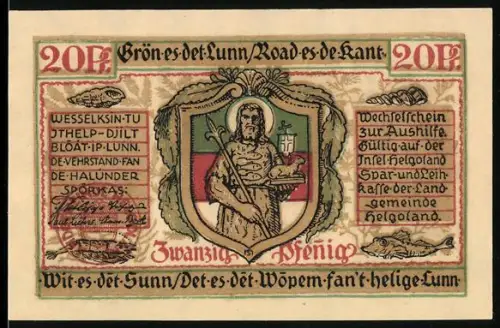 Notgeld Helgoland 1921, 20 Pfennig, Frau im Kreis und Wappen mit Mann und Stab