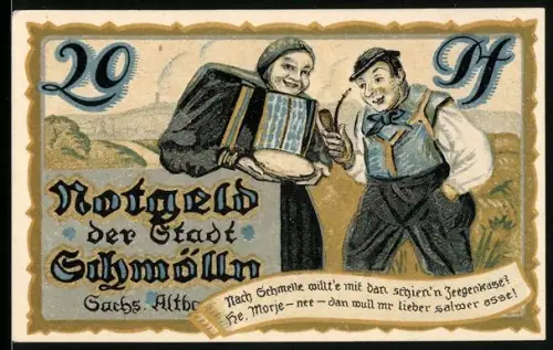 Notgeld Schmölln i. Thür. 1921, 20 Pf., Bauernpaar und Madonna mit Kind