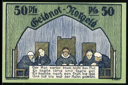 Notgeld Schmölln /S.-A. 1921, 50 Pf, Ratssitzung und Statue mit Kind im Bogenmotiv