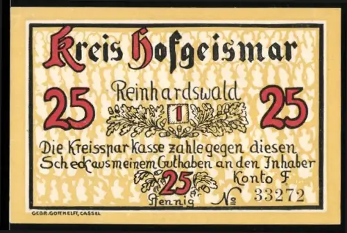 Notgeld Reinhardswald /Hofgeismar, 25 Pfennig, Eiche im Reinhardswald