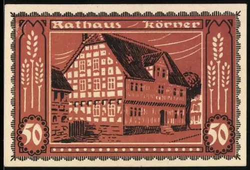 Notgeld Körner, 50 Pfennig, Fachwerkhaus und Fuhrwerk mit Pferden