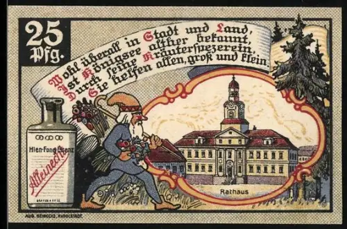 Notgeld Königsee i. Thür. 1921, 25 Pfennig, Rathaus und Kräutersammler mit Flasche
