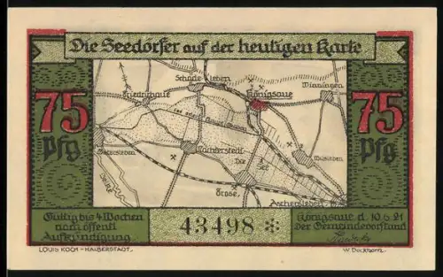 Notgeld Königsau 1921, 75 Pfennig, Karte von Königsau und Landschaftsansicht