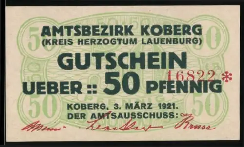 Notgeld Koberg /Lauenburg 1921, 50 Pfennig, grünes dekoratives Muster