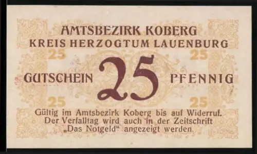 Notgeld Koberg /Lauenburg 1921, 25 Pfennig, dekoratives Muster und rote Unterschriften