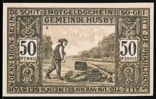 Notgeld Husby in Angeln 1921, 50 Pfennig, Wanderer und Ehrenfriedhof mit Putten und Wappen