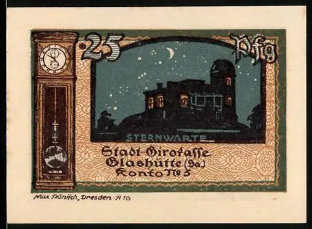 Notgeld Glashütte /Sa. 1921, 25 Pfennig, Sternwarte und Wanduhr, Wappen