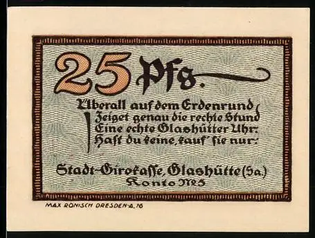 Notgeld Glashütte /Sa. 1921, 25 Pfennig, Schriftzug mit Wappen und dekorative Elemente