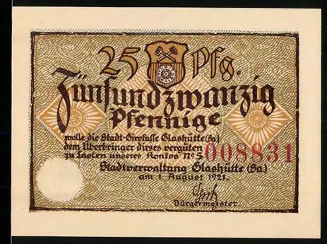 Notgeld Glashütte /Sa. 1921, 25 Pfennig, mit Wappen und Messinstrument-Motiven