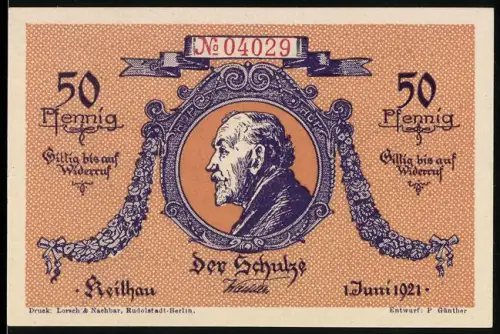 Notgeld Keilhau i. Th. 1921, 50 Pfennig, Porträt von Der Schulze und Landschaftsansicht mit vier Porträts