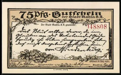 Notgeld Kahla /S.A. 1921, 75 Pfennig, Ehrenhof des Leuchtenburg-Ehrenmals mit Eichenlaub und Wappen