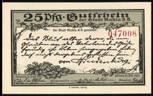 Notgeld Kahla /S.A. 1921, 25 Pfennig, Leuchtenburg mit Efeu und Wappen