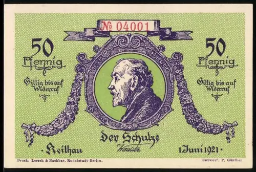 Notgeld Keilhau i. Th. 1921, 50 Pfennig, Porträt eines Mannes und Landschaftsansicht mit vier Porträts