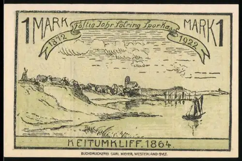 Notgeld Keitum a. Sylt 1922, 1 Mark, Keitumkliff 1864 und Karte von Sylt