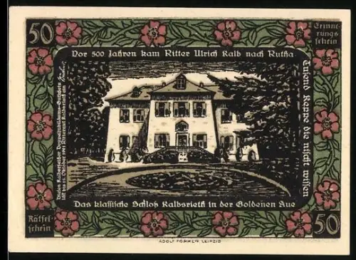 Notgeld Rutha, 50 Pf., klassisches Schloss Kalbsrieth und Silhouette eines Paares im Wald