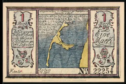 Notgeld Keitum a. Sylt 1922, 1 Mark, Karte von Sylt und Landschaft mit Segelbooten
