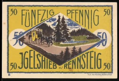 Notgeld Igelshieb a. Rennsteig 1921, 50 Pfennig, Postkutsche und Landschaftsszene mit Spaziergängern