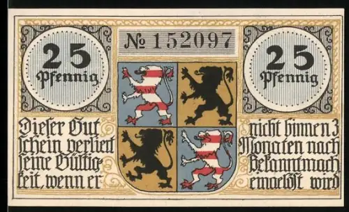 Notgeld Hildburghausen, 25 Pfennig, Ortsansicht und Wappen mit Löwen und Streifenmuster