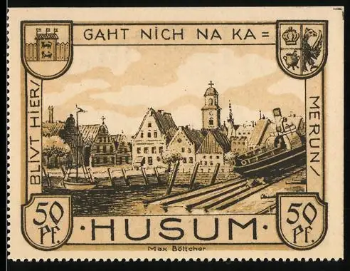 Notgeld Husum 1921, 50 Pf, Ortsansicht und Porträt eines Mannes