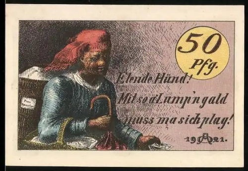 Notgeld Hildburghausen 1921, 50 Pfennig, Frau mit Kopftuch und Korb, Wappen mit Löwen und Streifen