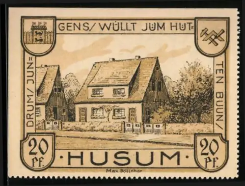 Notgeld Husum 1921, 20 Pf, Häuseransicht und Kirche