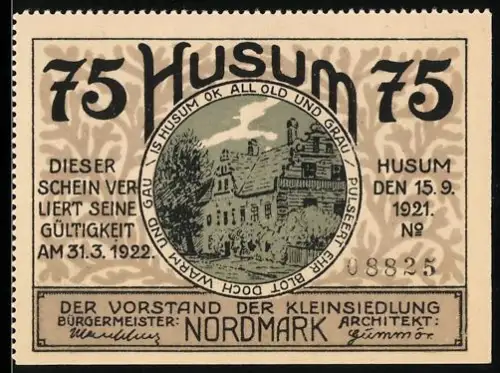 Notgeld Husum 1921, 75 Pfennig, historische Gebäudeansicht und Naturmotiven mit Wappen