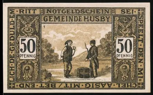 Notgeld Husby in Angeln 1921, 50 Pfennig, Begegnung zweier Männer und Teichlandschaft mit Wappen