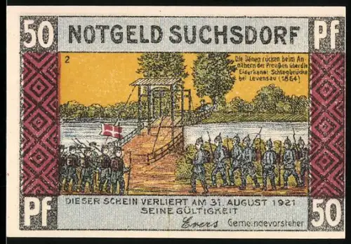 Notgeld Suchsdorf 1921, 50 Pf, Soldaten an der Eiderkanal-Schleuse und Hochbrücke bei Levensau