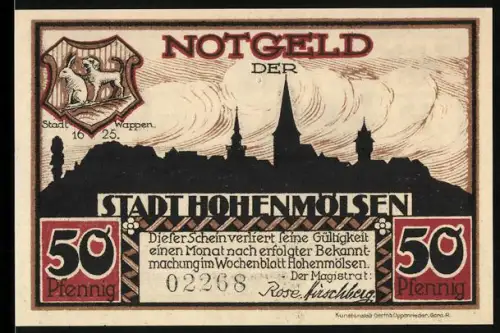 Notgeld Hohenmölsen, 50 Pfennig, Ortsansicht und Bergbau-Motive mit Bergmann und Brikettfabrik