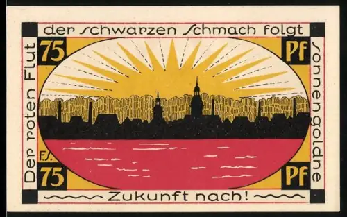 Notgeld Schmölln /S.-A. 1921, 75 Pf, Ortsansicht und Madonna mit Kind im gotischen Bogen