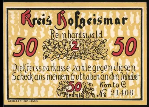 Notgeld Hofgeismar, 50 Pfennig, Wildschweinmotiv im Reinhardswald