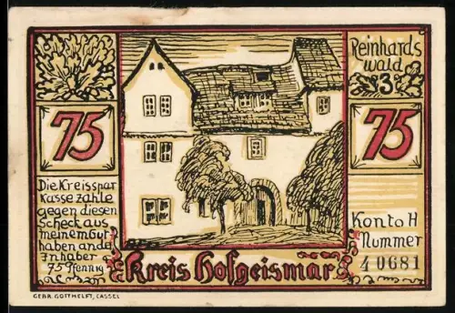 Notgeld Hofgeismar, 75 Pfennig, Gebäude und Sababurg im Reinhardswald
