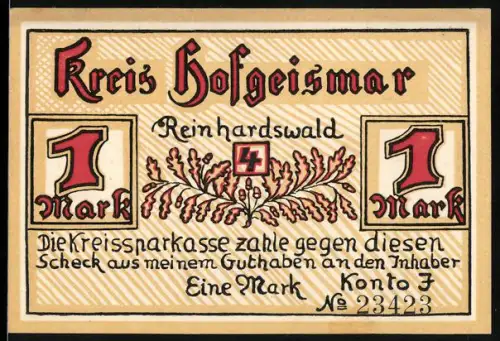 Notgeld Hofgeismar, 1 Mark, Hirsch im Wald und florales Motiv mit Reinhardswald