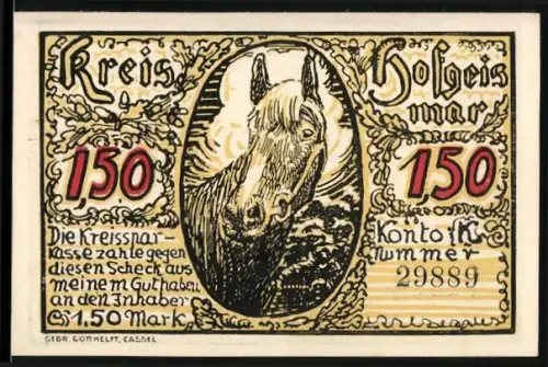 Notgeld Hofgeismar, 1,50 Mark, Pferdeporträt und Gestütsszene im Reinhardswald