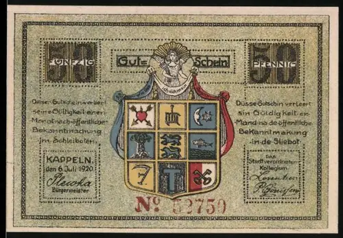 Notgeld Kappeln 1920, 50 Pfennig, Ortsansicht und Wappen mit Figuren und Symbolen