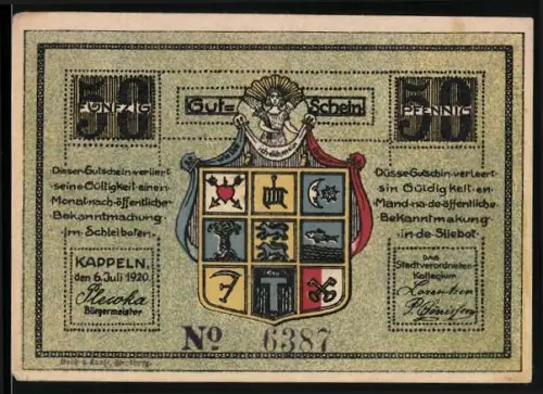 Notgeld Kappeln 1920, 50 Pfennig, Ortsansicht mit Fischern und Wappen