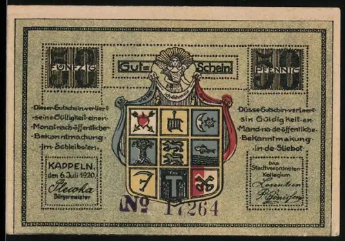 Notgeld Kappeln 1920, 50 Pfennig, Ortsansicht mit Fischern und Wappen