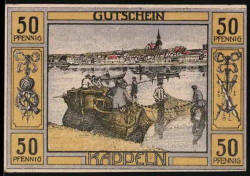 Notgeld Kappeln 1920, 50 Pfennig, Fischer auf Boot mit Ortsansicht, Wappen