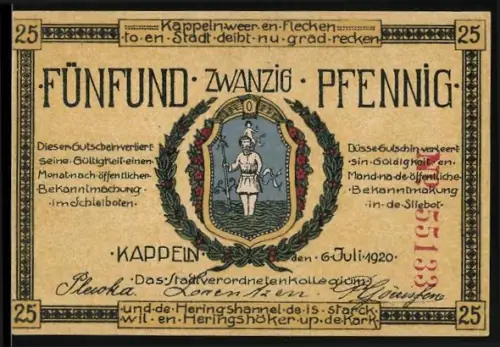 Notgeld Kappeln 1920, 25 Pfennig, Wappen mit Flussgottheit, Übergang der Preussen über die Schlei 1864