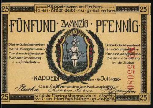 Notgeld Kappeln 1920, 25 Pfennig, Wappen und Übergang der Preussen über die Schlei 1864