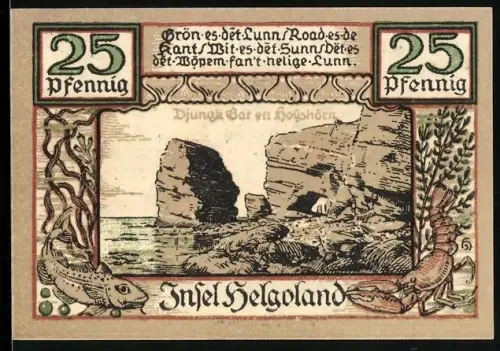 Notgeld Helgoland, 25 Pfennig, Küstenlandschaft mit Felsen und Heiligenfigur mit Wappen