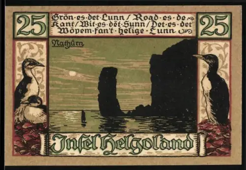 Notgeld Helgoland, 25 Pfennig, Inselansicht mit Seevögeln und Heiliger mit Wappen