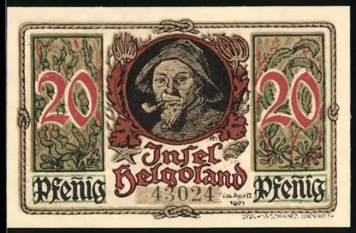 Notgeld Helgoland 1921, 20 Pfennig, Porträt eines rauchenden Mannes und Wappen mit Lamm und Kreuz