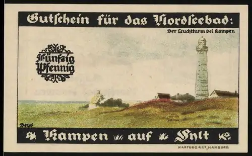 Notgeld Kampen auf Sylt 1921, 50 Pfennig, Leuchtturm und Pflanze