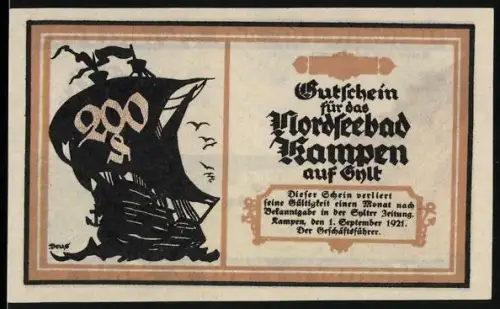 Notgeld Kampen auf Sylt 1921, 2 Mark, Segelschiff und Rotes Kliff bei Kampen