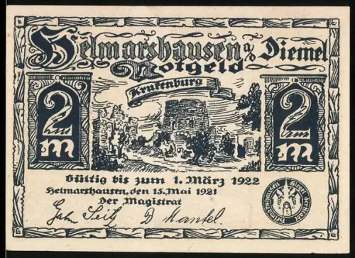 Notgeld Helmarshausen b. Diemel 1921, 2 Mark, Krukenburg und Abtissin mit Schmied am Krankenbett