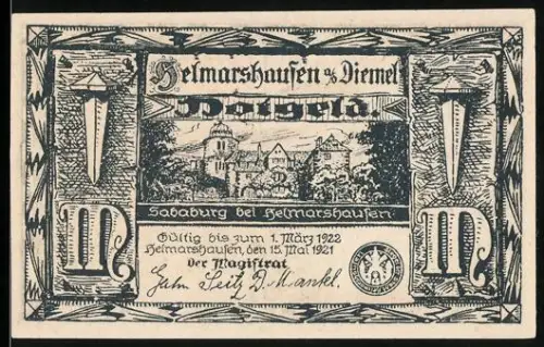 Notgeld Helmarshausen a. d. Diemel 1921, 1 Mark, Sababurg und Schmied mit Hammer am Krankenbett